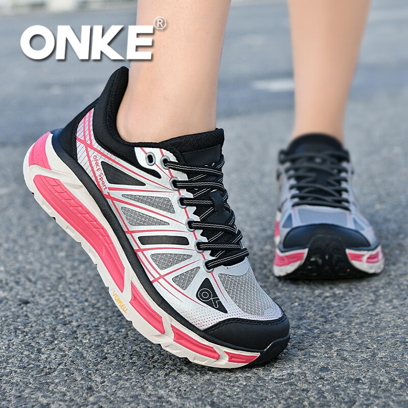 ONKE跑步鞋女春季新款轻便透气防滑减震男女鞋厚底增高耐磨运动跑步鞋 勃垦第红 38