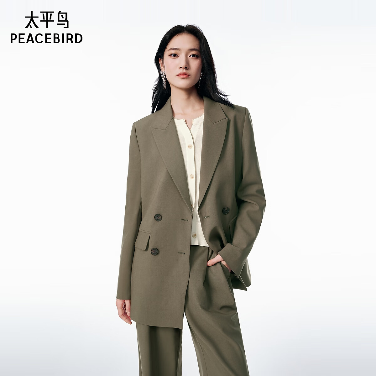 太平鸟女装西装双排扣戗驳领廓系经典干练精英外套 棕色-西装 S