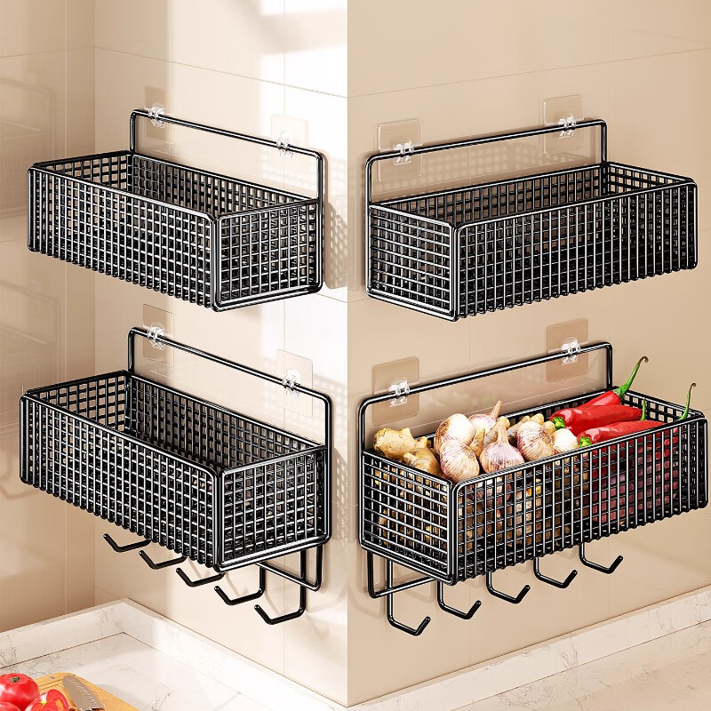 尔思家厨房置物架多功能调料架挂勺子铲子的架子免打孔壁挂葱姜蒜收纳架 黑色大号常规款【送免打孔无痕贴】