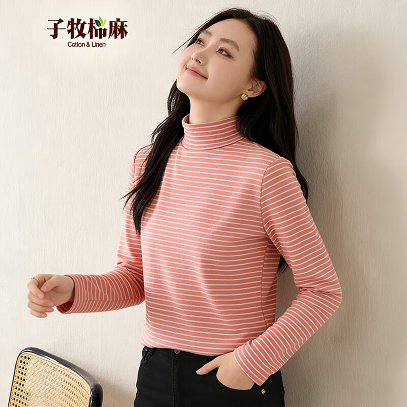 子牧棉麻秋冬装 女韩版德绒条纹打底衫加厚双面磨毛保暖长袖上衣8863 樱花粉半高领条纹款德绒 加厚 2XL (建议140-155斤)