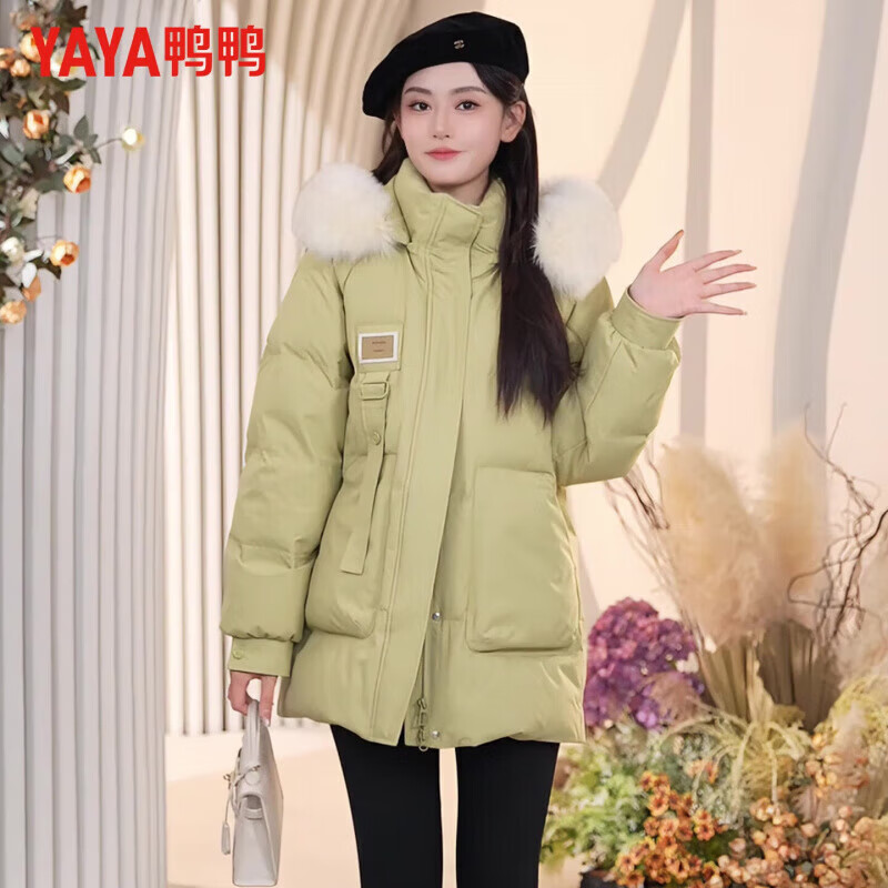 鸭鸭（YAYA）羽绒服女厚款连帽毛领短款保暖2025冬季新款时尚百搭羽绒外套 牛油果绿 M (160)