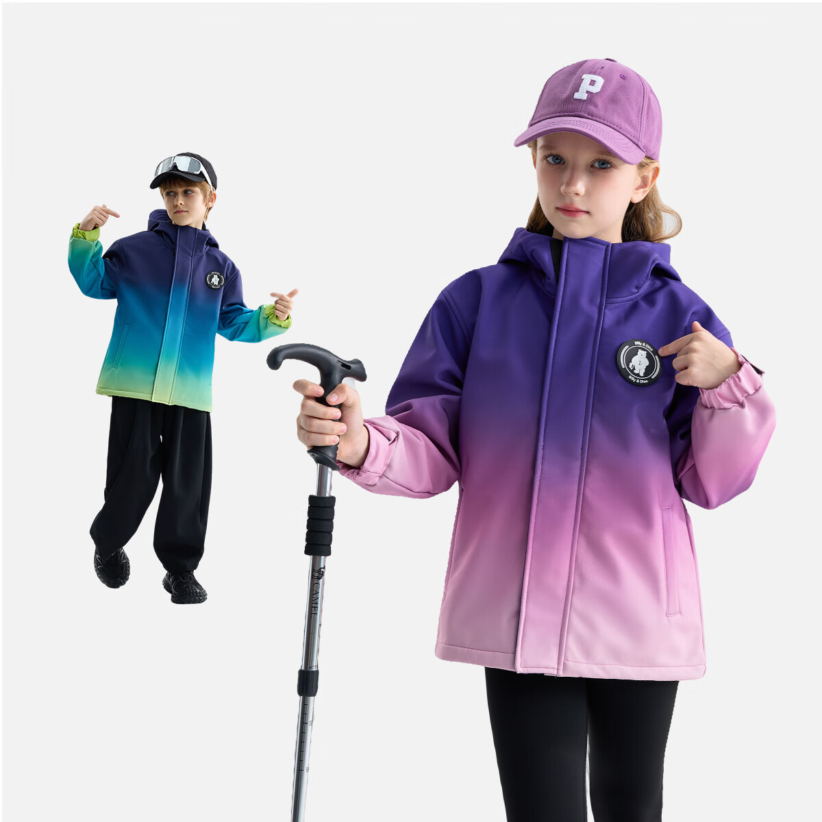 雪中飞童装儿童外套新款秋冬装女童一体加绒外套大童户外时尚渐变防风衣 紫粉色 170