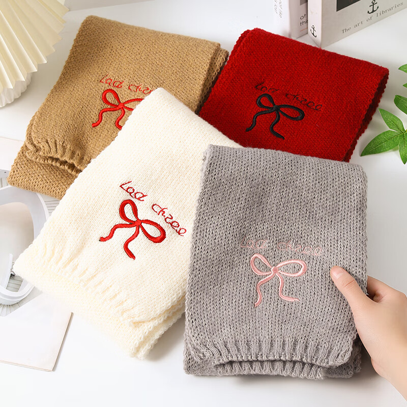 朋意蝴蝶结围巾女2026新款冬季日韩系氛围感百搭简约学生护颈围脖加厚 刺绣围巾-白底红色蝴蝶结-1条