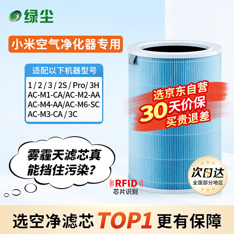 绿尘 适配小米米家（MI）空气净化器滤芯1代2代3代2S/pro净化器滤网除甲醛除颗粒物PM2.5除异味烟味 M2