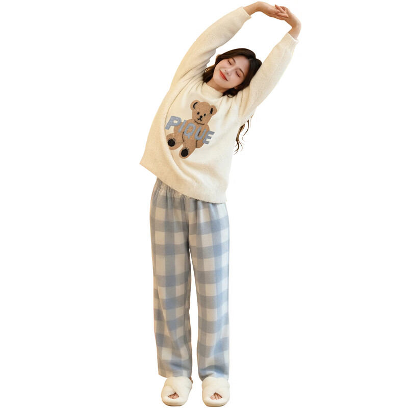 迷黎小熊图案可爱半边绒睡衣家居服套装少女风保暖女装 米色 XL
