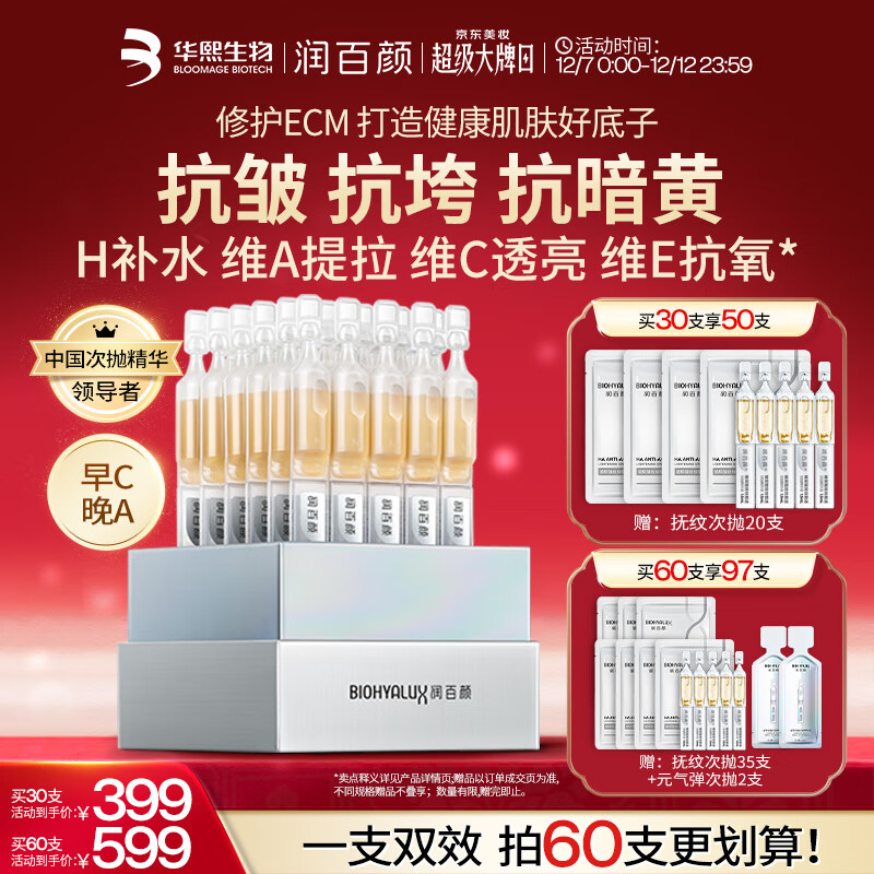 润百颜华熙生物HACE抚纹次抛精华30支早C晚A抗皱紧致护肤品圣诞礼物女