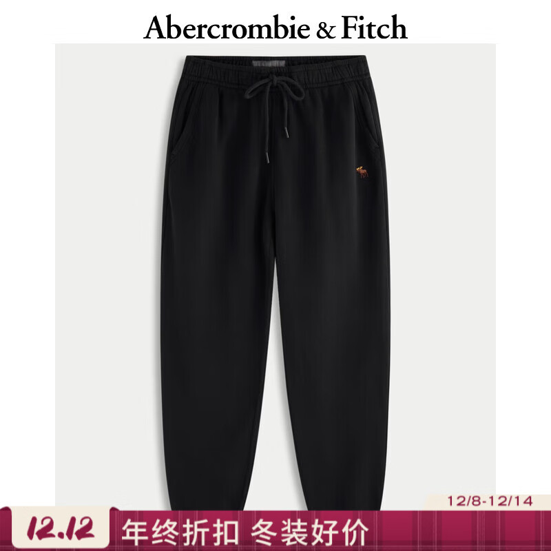 Abercrombie &amp; Fitch小麋鹿图案经典保暖抓绒束脚卫裤长裤25秋冬男装134-5043 黑色 M (180/80A)