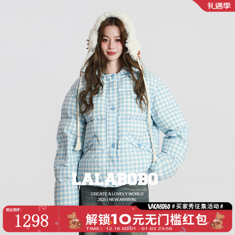 LALABOBO【商场同款】白鸭绒羽绒服25年冬新潮原创格子外套女RBED-WSYR16 蓝色 S