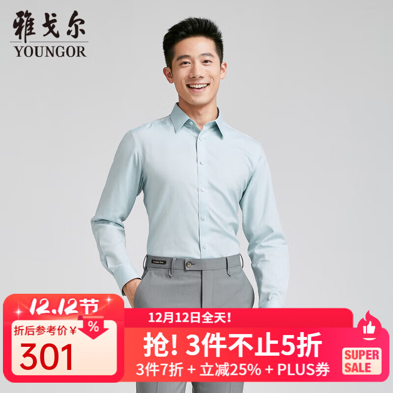 雅戈尔（YOUNGOR）长袖衬衫男素色DP免烫衬衫纯棉面料抗皱舒适易打理商场同款 豆绿素色YLDP120667SJY 38