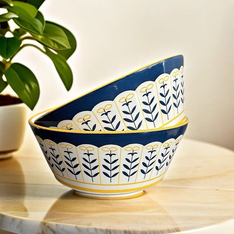 想迦奶油风石头纹系列家用陶瓷餐具碗盘套装米饭碗盘子釉下彩餐具 2只小蓝花8英寸汤碗