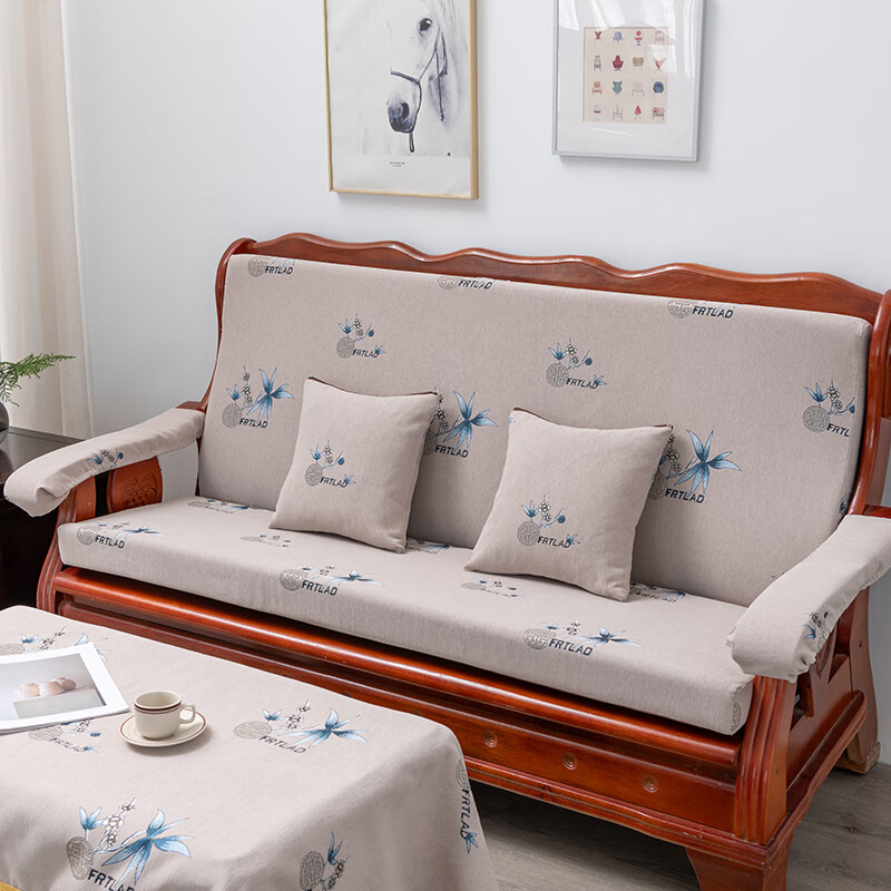 实木老式红木沙发垫带靠背连体加厚四季防滑春秋椅高密度海绵坐垫 吉祥如意灰 扶手6片