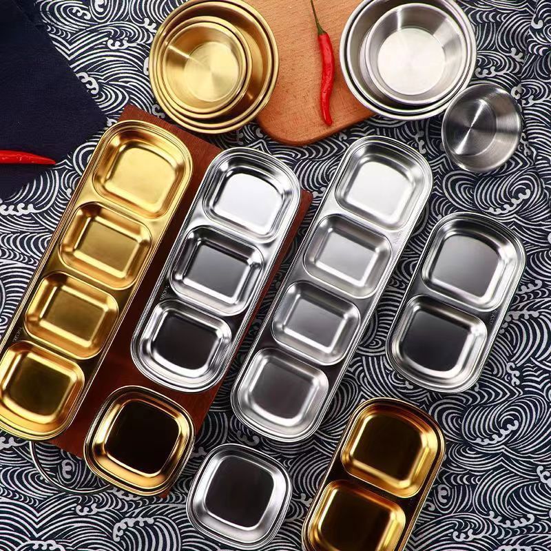 304不锈钢蘸料碟烤肉店蘸料碟火锅多格调料韩式碟家用菜碟咸菜盘 1英寸 食品级金色299只限时抢 一格5个装特厚款