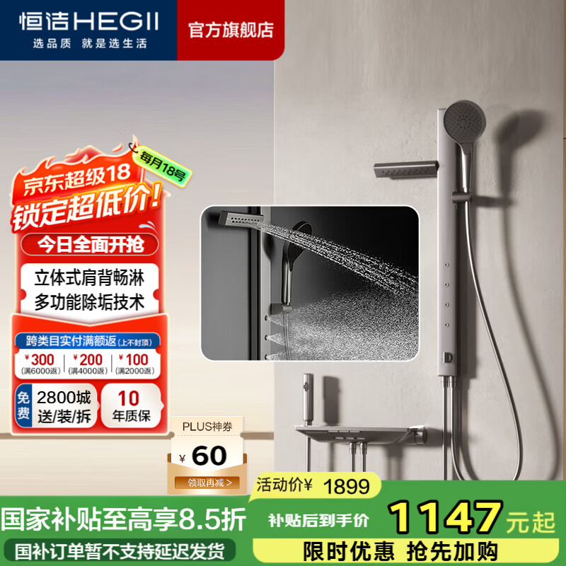 恒洁（HEGII）淋浴花洒全套 小户型分体式淋浴花洒套装 【分体式腰肩背按摩-枪灰】HMF956-315-SH