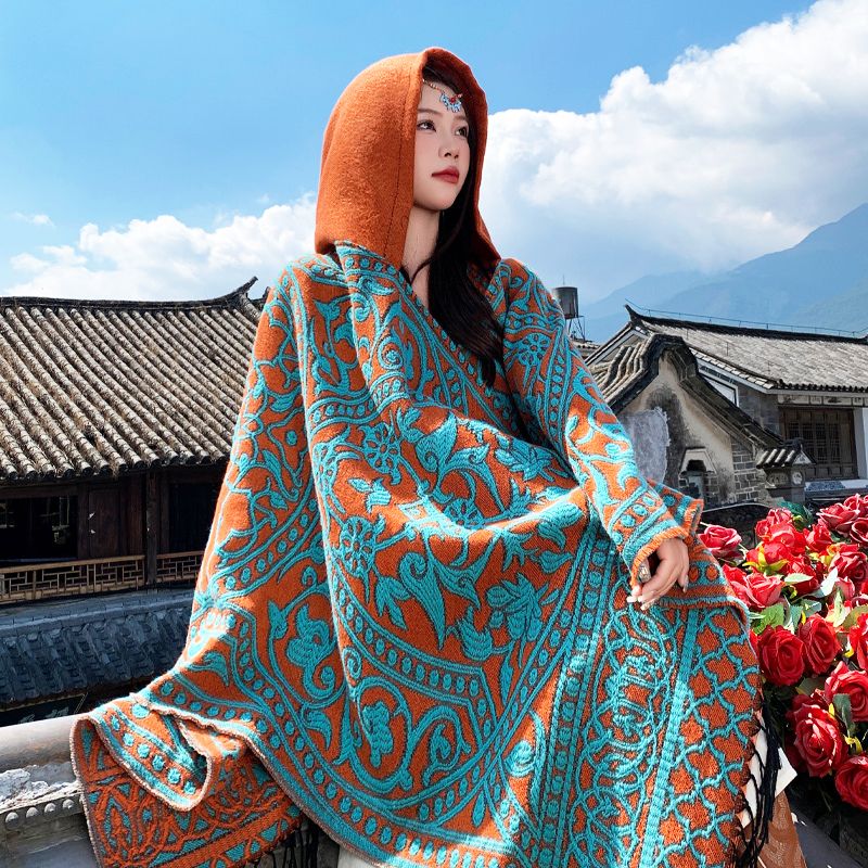 翱优民族带帽披肩斗篷 新疆西藏风旅游拍照披风女新款开衩无袖斗篷 斗篷织金祥云-有帽子-530克-橘色