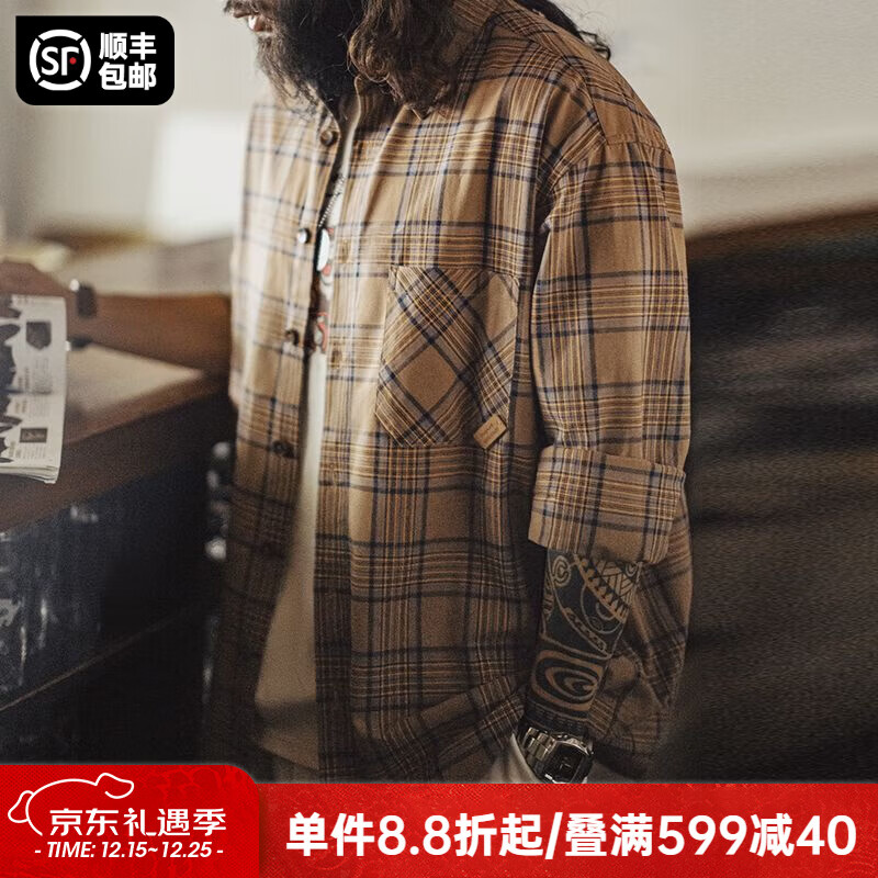 马登工装美式复古格子衬衫男外套大地色格纹纯棉长袖男士衬衣夏季薄款 浅棕色 【格子衫/宽松/外穿寸衫】 M (170)