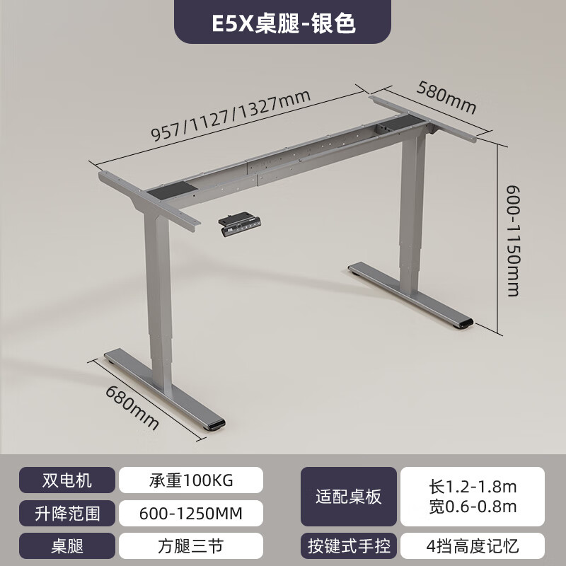 乐歌（Loctek）智能电动升降桌双电机升降桌腿办公桌电脑桌学习桌升降桌架 E5X银灰桌腿