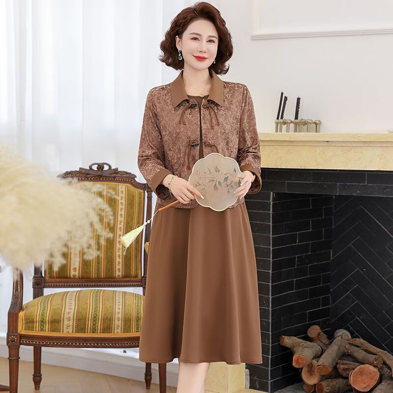 中国风妈妈装提花连衣裙套装中老年女装气质新中式外套裙子两件套 安哥拉红套装 【外套+裙子】 XL 【建议80-105斤】