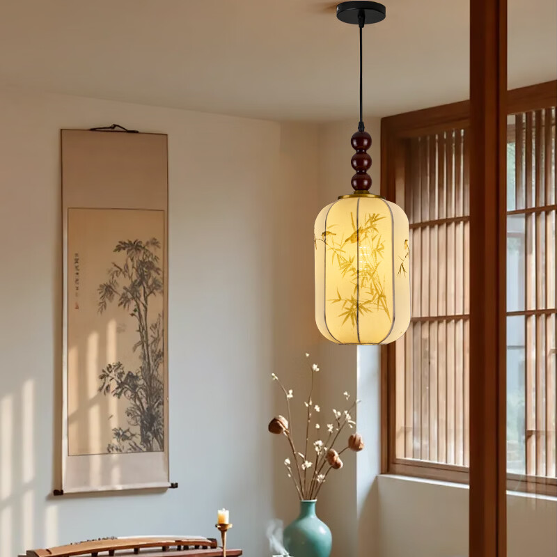 宋代美学小吊灯茶室卧室床头玄关新中式灯笼吊线灯具中山餐厅灯 竹报平安-全光谱三色变光 三珠品【长45cm】
