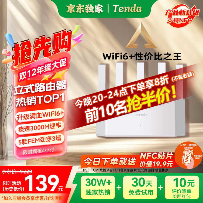 Tendaڴ·ǧWiFi6+ǽAX3000źǿ÷ŴMeshҲһʽ 30.3Ԫ