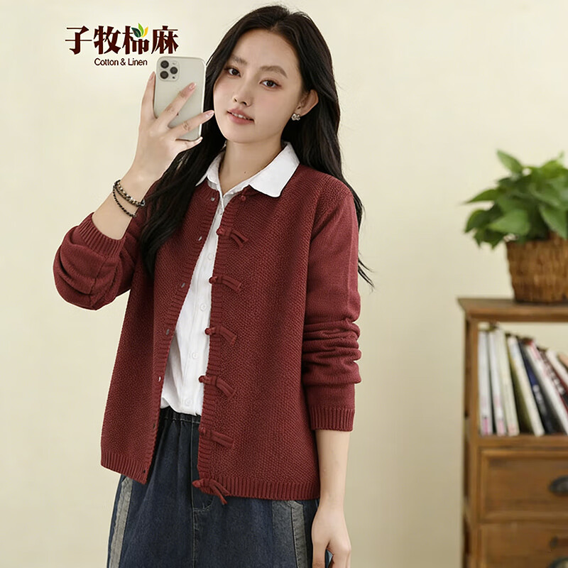 子牧棉麻秋装 女新中式盘扣外套宽松长袖百搭圆领针织开衫上衣5637 红色 均码 （建议95-140斤）
