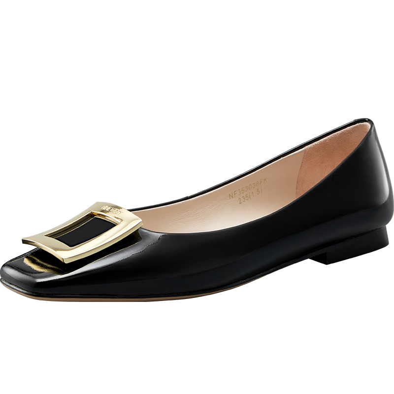 NINE WEST/玖熙平底單鞋女法式輕奢方扣牛漆皮淺口通勤鞋NF353038FK 黑色38