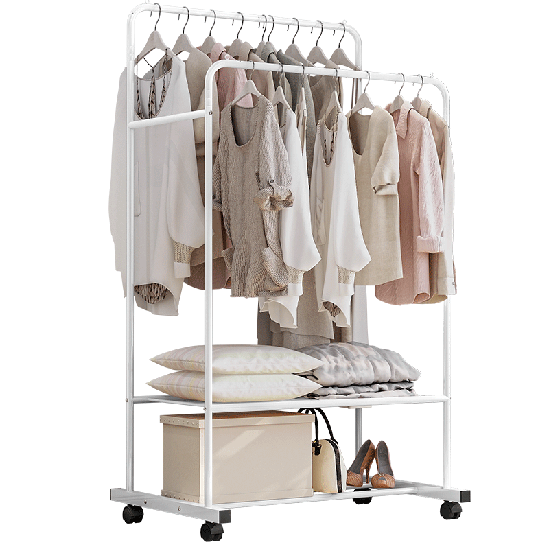 索尔诺 衣帽架挂衣架阳台落地衣服架收纳架双杆式家用衣架子配置万向轮 089Y-白色【宽80cm】双层置物