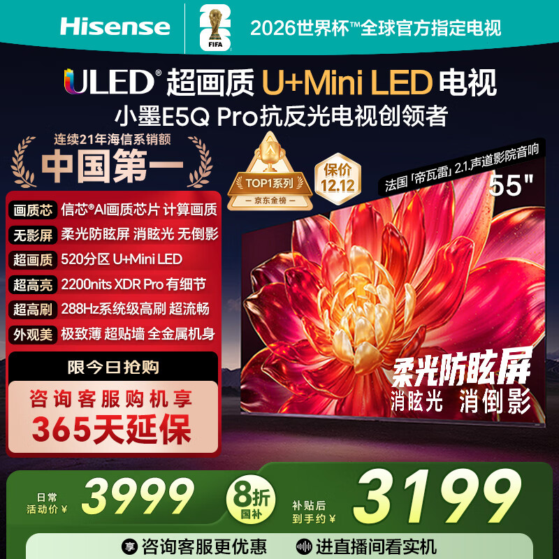 海信电视小墨E5Q Pro 55英寸 520分区U+Mini LED 信芯芯片 柔光防眩屏 288Hz高刷 E5NPRO升级 国家补贴