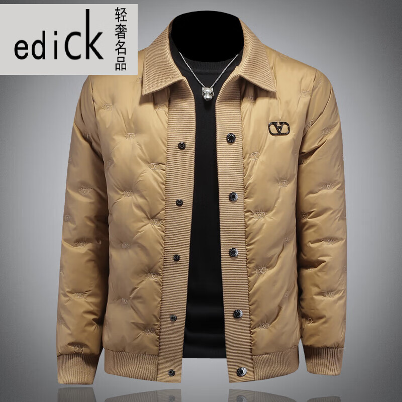 Edick意大利风品牌冬季新款高端羽绒服男士单排扣针织翻领刺绣90绒外套 卡其色 M