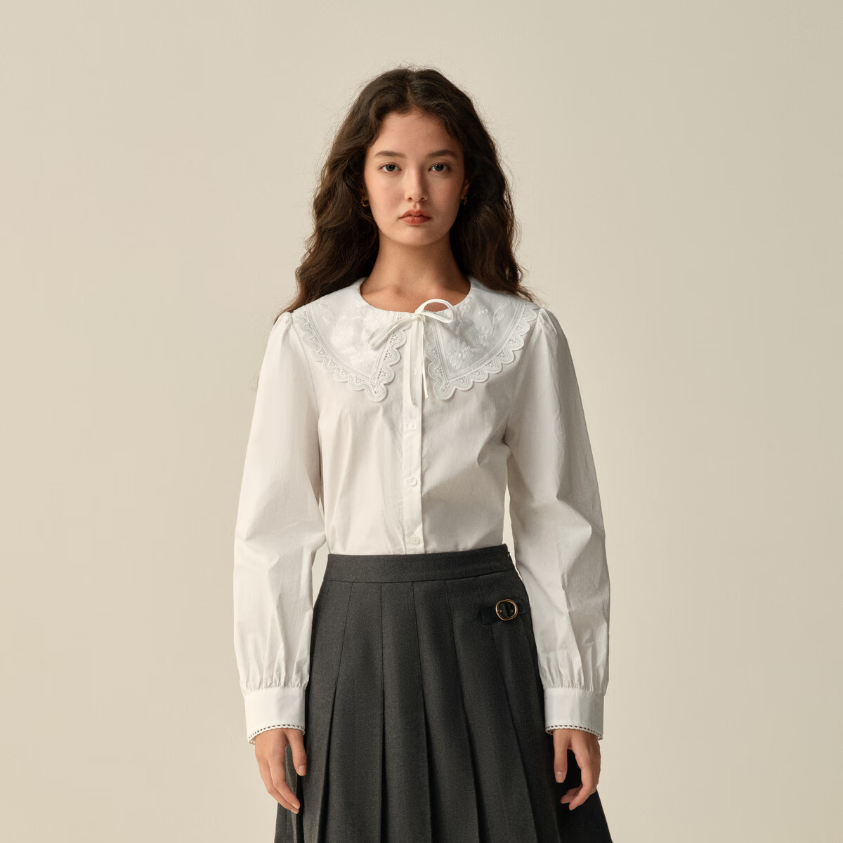 ELAND【100%棉】衣恋衬衫女气质荷叶领长袖上衣2025秋季新款 象牙白/白色(39)Ivory M /165