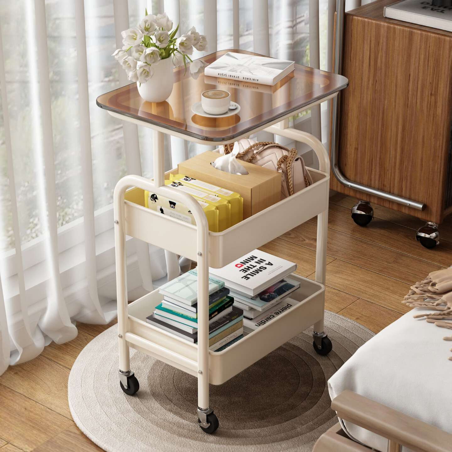 木樽中古风推车置物架可移动沙发边几收纳柜架子床边桌子零食落地床头 三层+密度板 奶油白