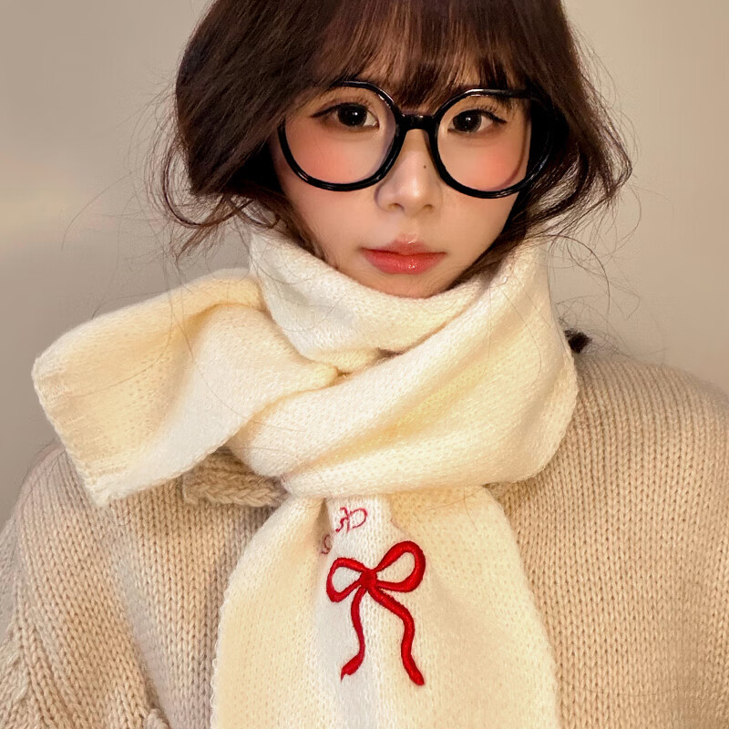 朋意蝴蝶结围巾女2026新款冬季日韩系氛围感百搭简约学生护颈围脖加厚 刺绣围巾-白底红色蝴蝶结-1条