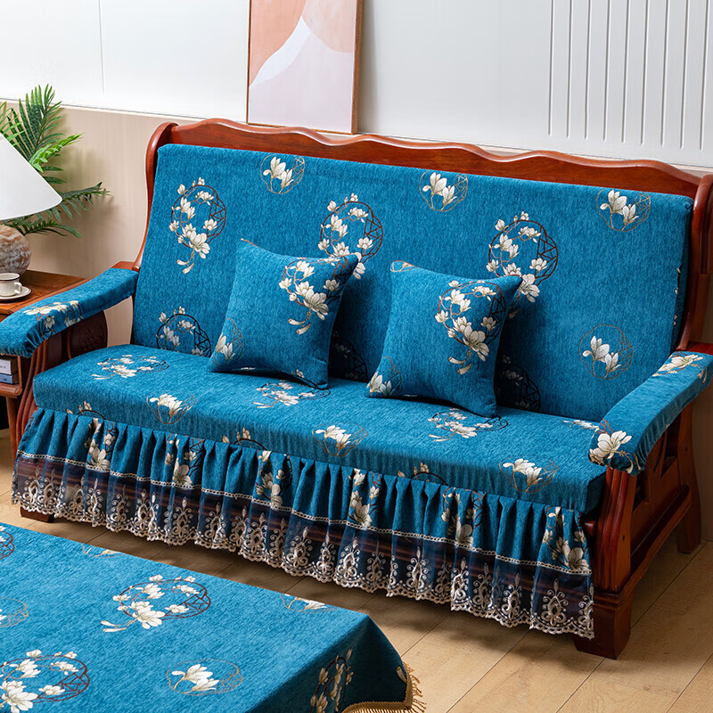 实木沙发垫带靠背裙边老式红木质加厚坐垫连体春秋联邦椅海绵垫子 铃兰花裙摆 90x150cm桌布