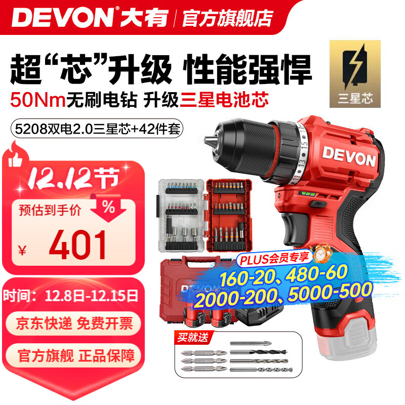 大有（Devon）12V锂电无刷电钻5208手电钻冲击钻5209电动螺丝刀家用电钻DD121 5208 2.0Ah双电快充三星芯+42件套