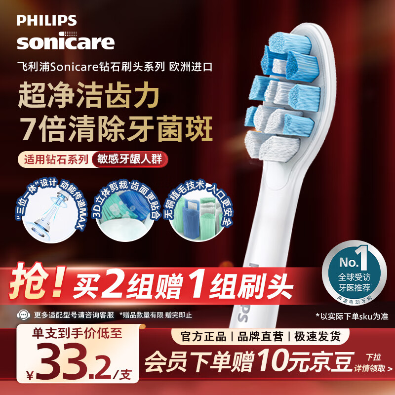 飞利浦（PHILIPS）电动牙刷头 牙龈敏感适用 3支装HX9033 适配钻石3/5/7/9/AI系列HX51系列