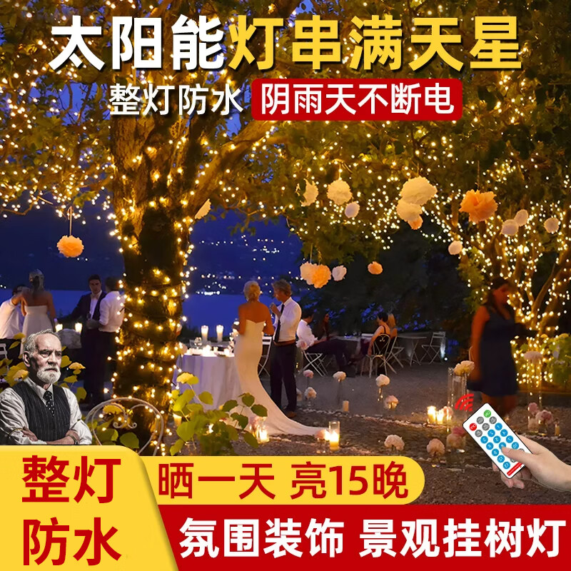 筏芯太阳能户外灯家用庭院氛围灯圣诞挂树彩灯串灯满天星led防水灯带 【2倍亮度】1000灯100米-暖白