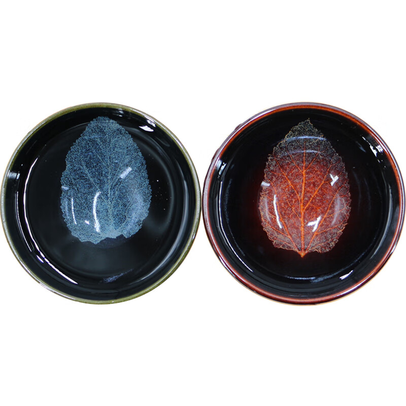 吉州窑陶瓷木叶天目杯情侣对杯精品冰蓝火红木叶对盏礼盒