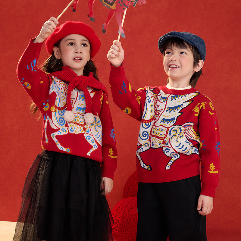 棉花堂（cottontown）棉花堂宝宝拜年服马年新年毛衣儿童过年衣服线衣男童童装女童衣服 飞马迎春-蓝边 140 140/68