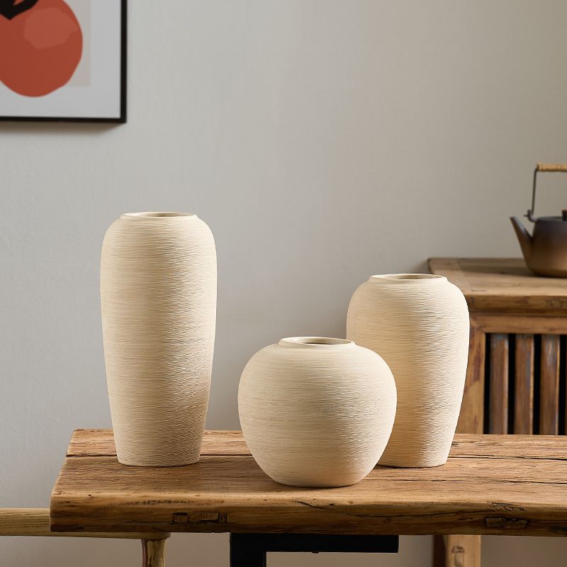 OYKTN现代简约陶瓷白色花瓶手工拉丝客厅插花北欧仿真花干花器大号摆件 小号-可装水