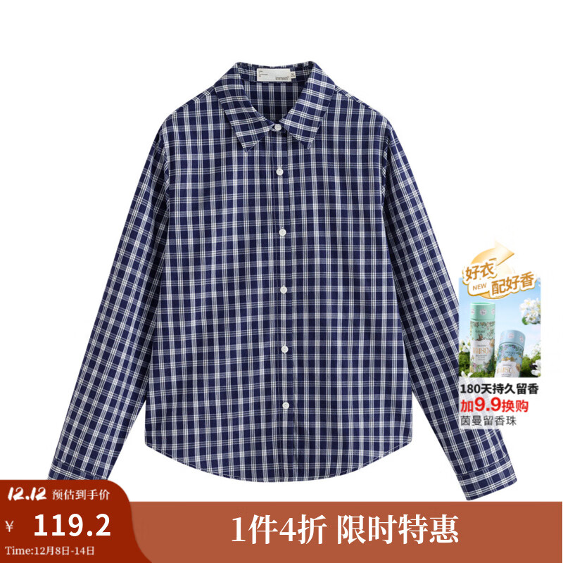 茵曼（INMAN）纯棉复古休闲细格子衬衫女2025秋季通勤宽松长袖蓝格纹衬衣 宝蓝格 L