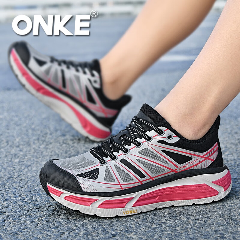 ONKE跑步鞋女春季新款轻便透气防滑减震男女鞋厚底增高耐磨运动跑步鞋 勃垦第红 38