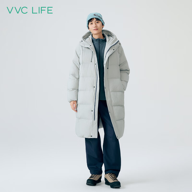 VVCLife男士羽绒服2025冬季新款加厚保暖防寒外套纯色简约百搭连帽长 灰绿色 L