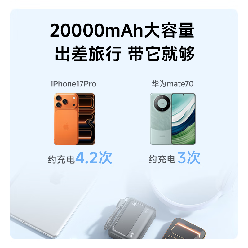 京选京东自有品牌3c认证可上飞机35W自带线充电宝黑20000毫安时移动电源适用户外苹果小米华为兼容30W