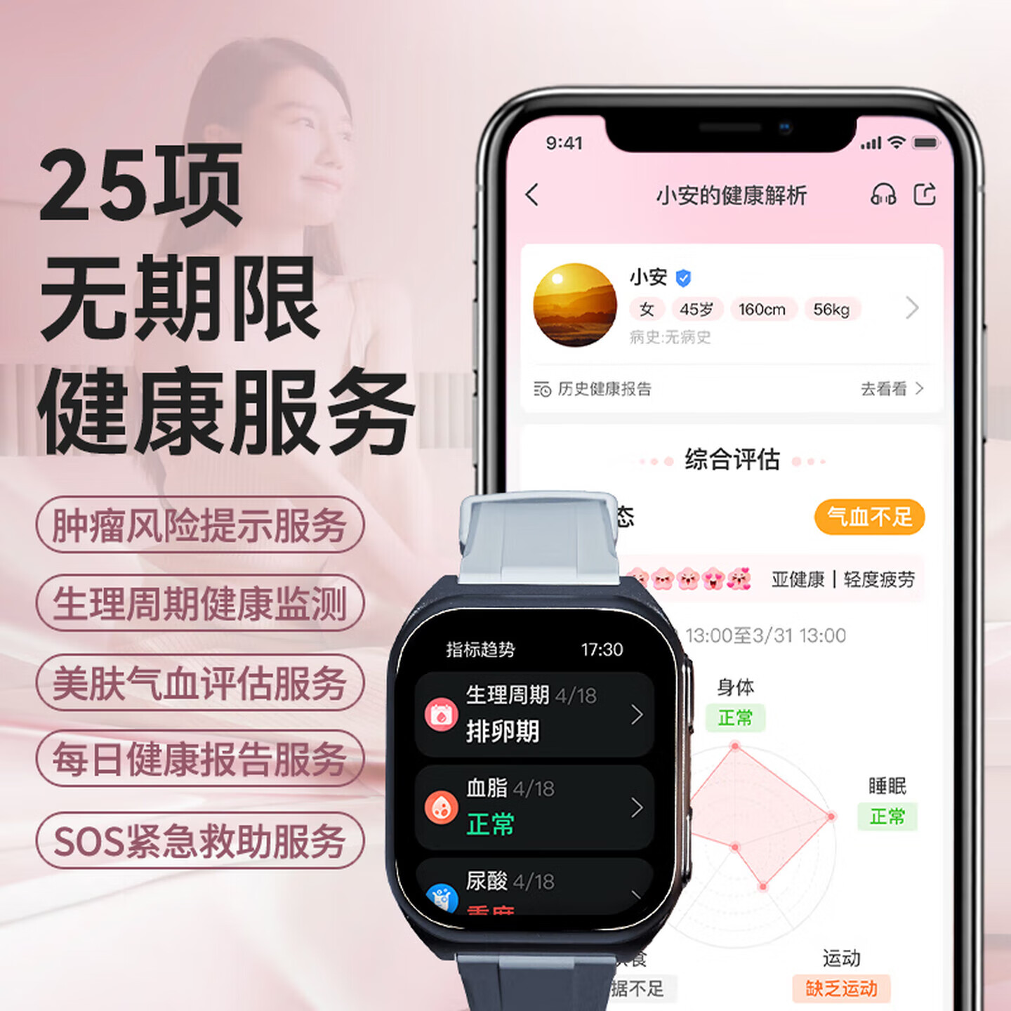 安顿健康预警手表心梗脑卒中健康监测预警智能手表手环测血压心率血氧血脂女士手表送女友送老人父母 红颜悦享版 【胭脂粉】-粉色皮表带