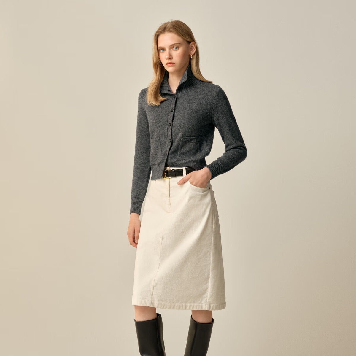 ELAND衣恋毛针织衫女气质高领长袖短款毛衣开衫2025冬季新款 中灰色(18)M/Grey M /165