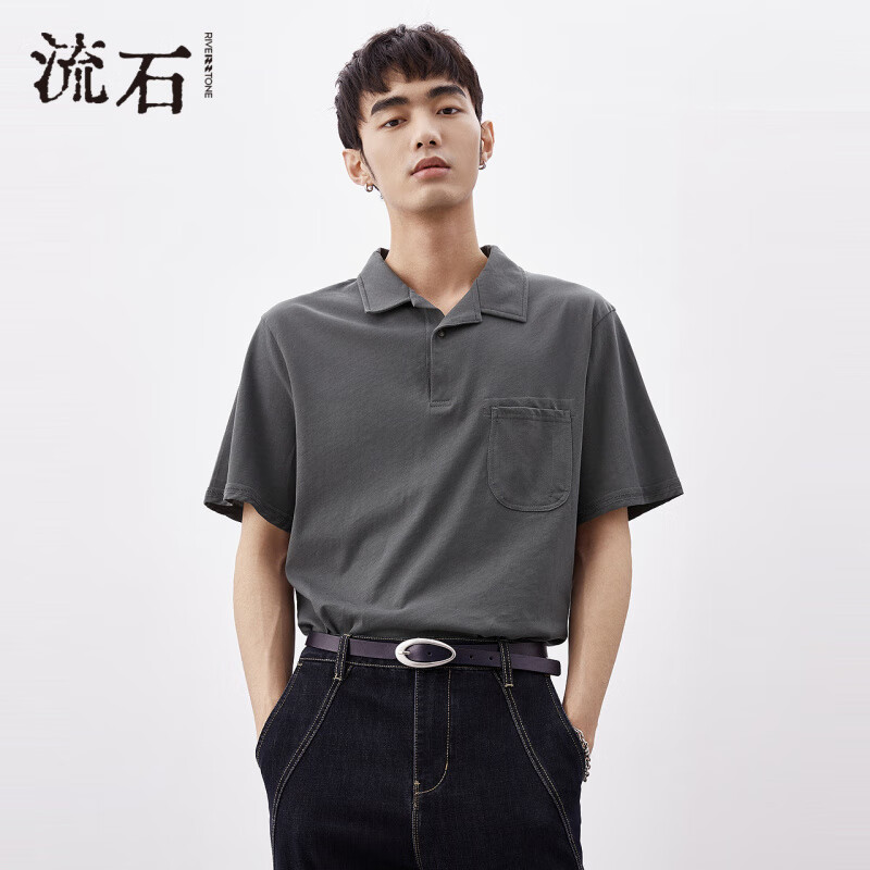 RIVERSTONE流石男装夏装休闲薄款polo衫夏季新款男士短袖T恤棉翻领上衣服 浅烟灰 XS 160_