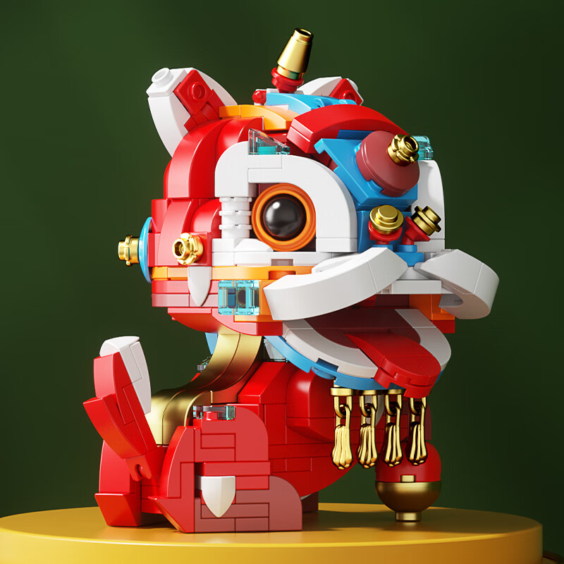 佳奇科技（JAKI）国潮神兽积木拼装模型春节摆件玩具新年礼物【纳福醒狮】