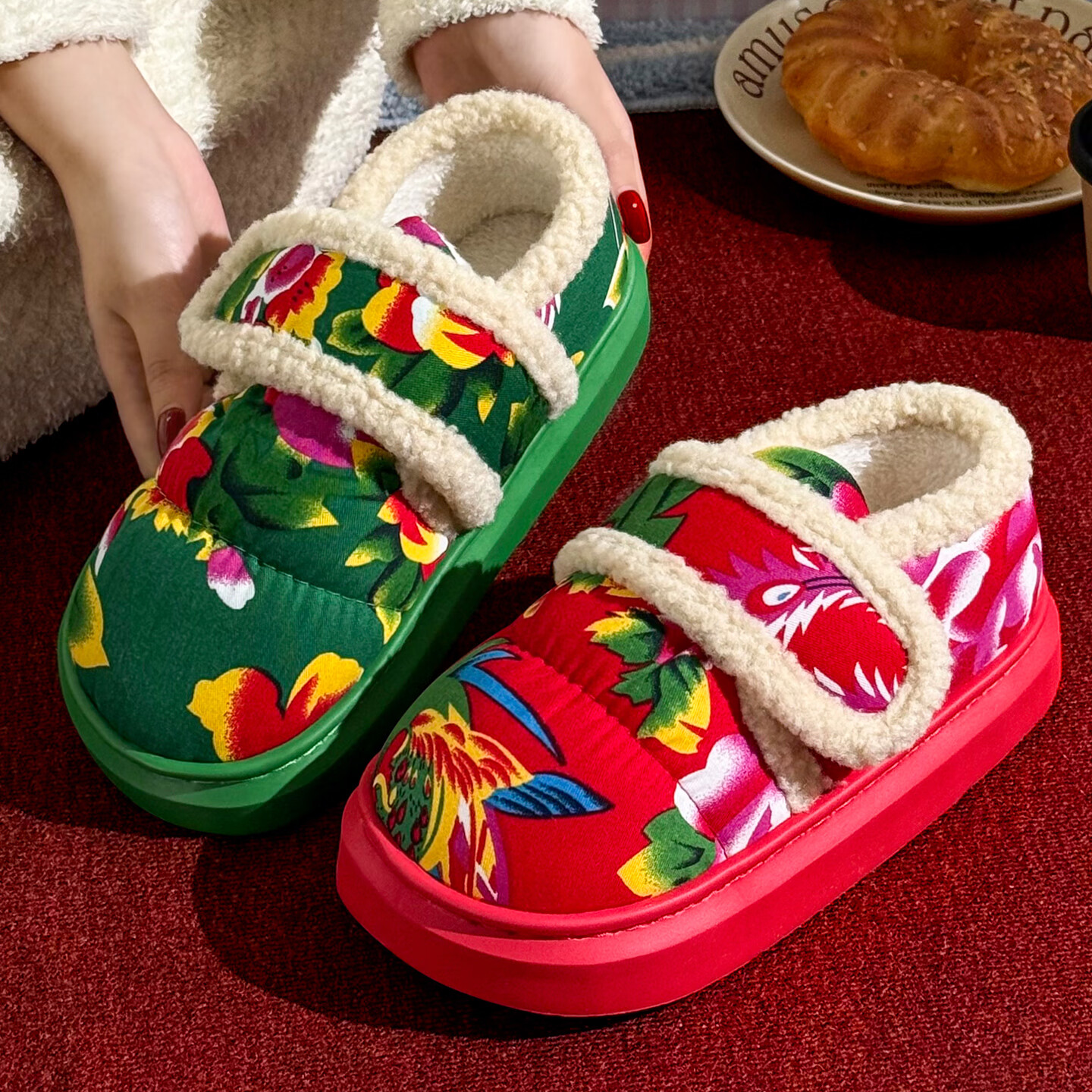 FZT包跟棉拖鞋女款2025新款防滑保暖加绒毛拖鞋冬季东北大花棉鞋外穿 红色【东北大花棉鞋】 38-39 标准码