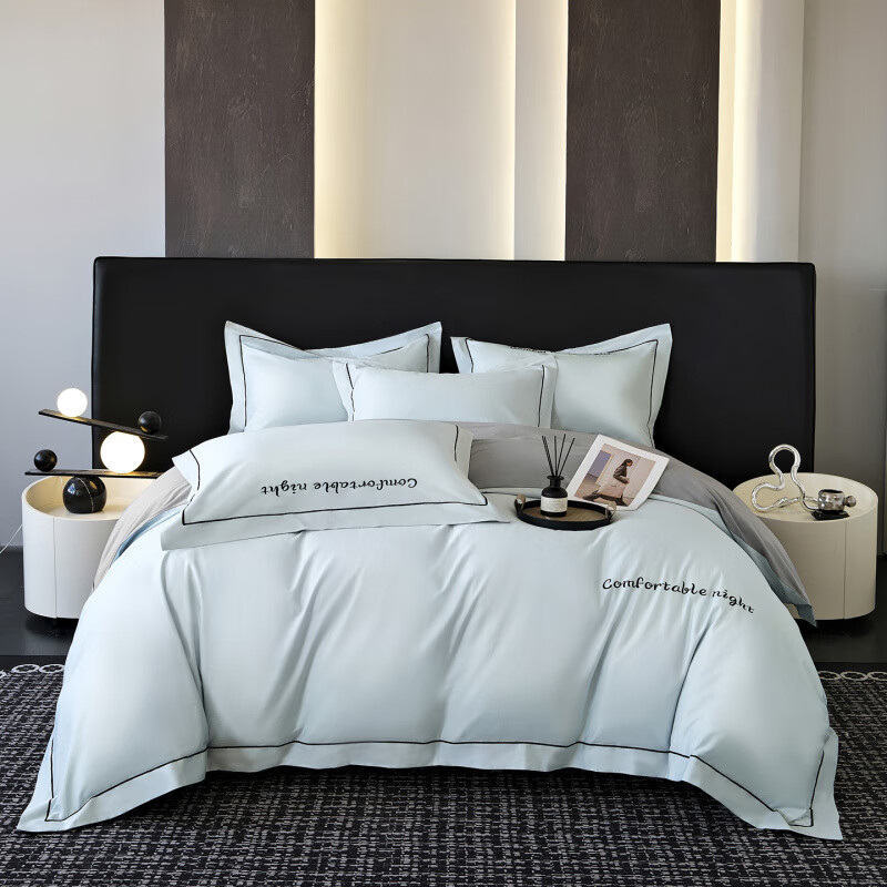 元族2025新款全棉长绒棉双拼四件套刺绣轻奢床上用品-简约 天空兰+浅灰 床单款 1.2m三件套