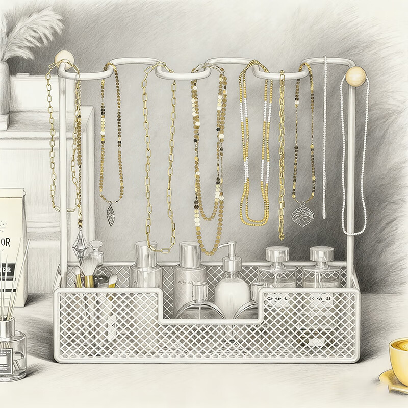 尔思家玄关钥匙收纳装饰盒首饰收纳架耳环项链展示盒入户门口鞋柜置物架 白色+木球