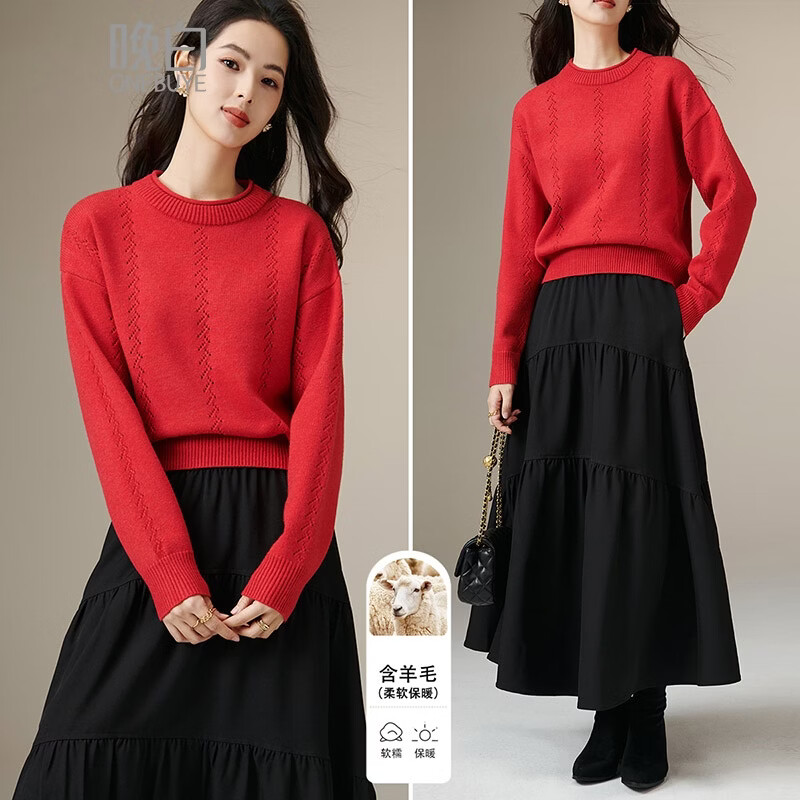 晚白【专享】冬款骐骥红圆领毛衣柔软绵羊毛套头针织衫 红色 M